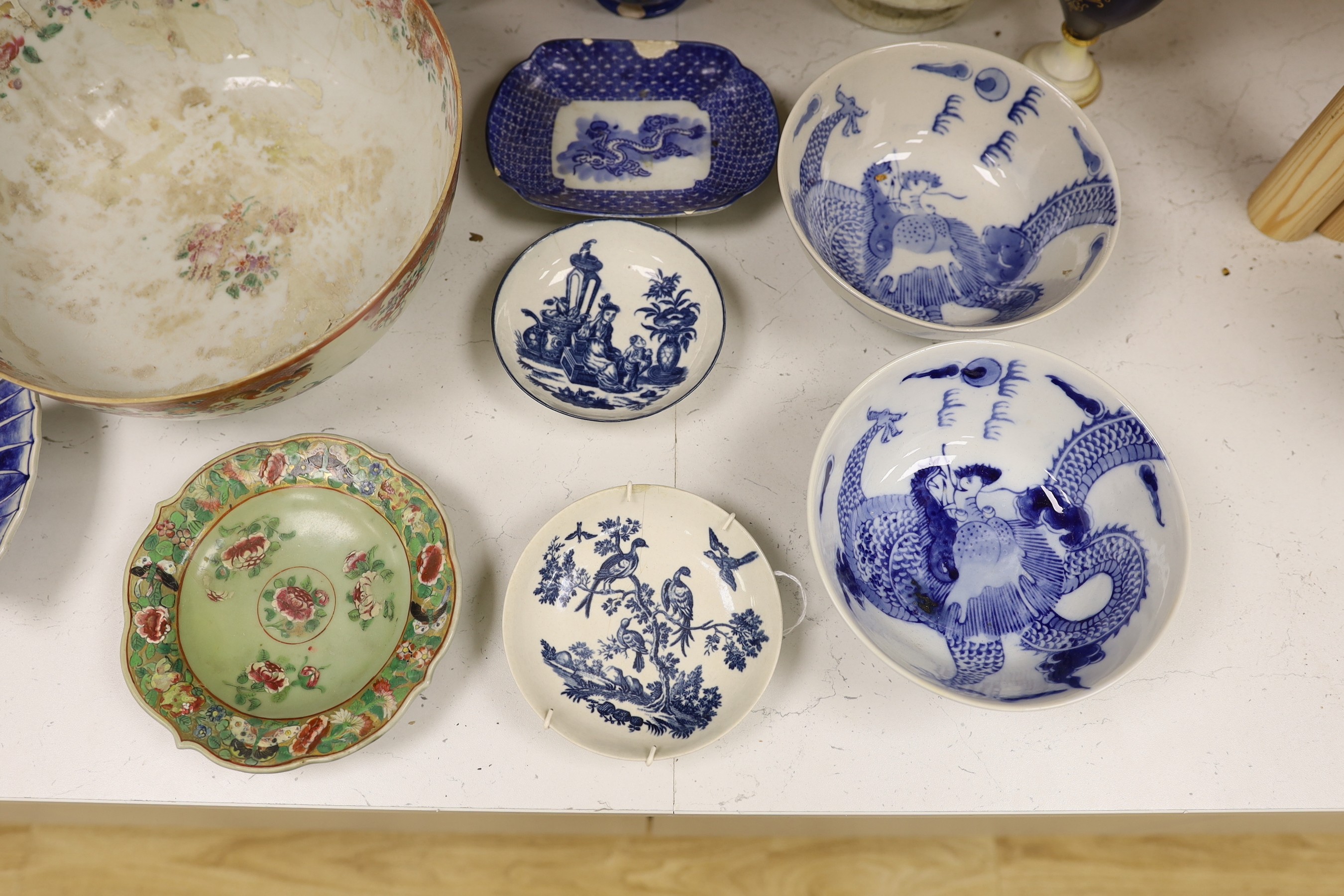 Two First Period Worcester saucers, together with a quantity of decorative Continental and Chinese ceramics, tallest 30cm